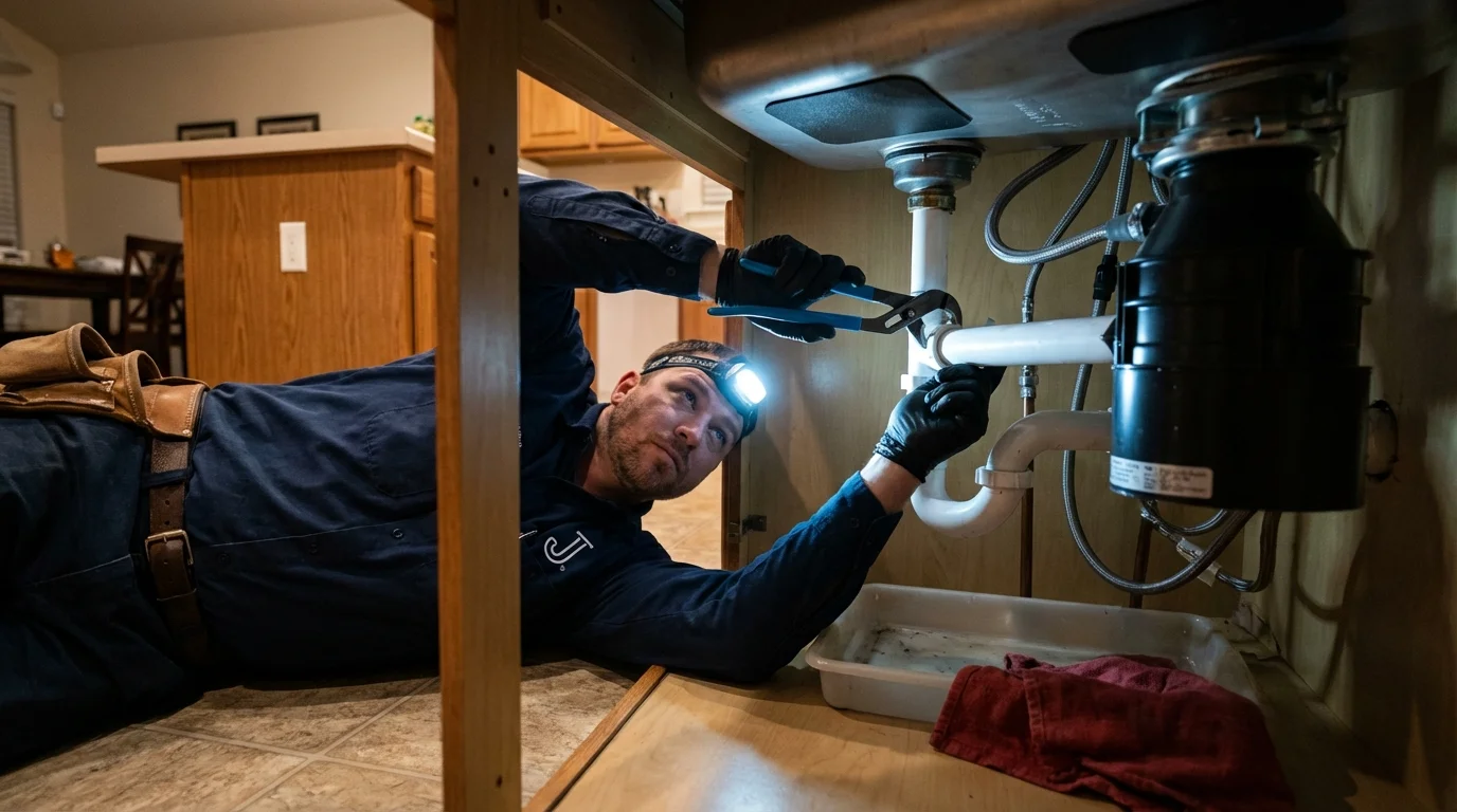 P-trap and supply line connections under a kitchen sink showing a common leak point in Clark, SD